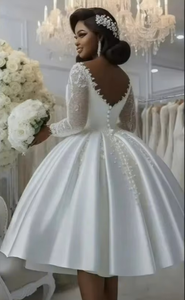 New Lace Satin Wedding Dress Deep V-neck Long <b>Sleeve</b> Elegant <b>Bridal</b> Mini Dress - Product Image 5