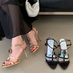 New Styles Women's Diamonds Decor High Heels Shoes T-strap Pumps <b>Open</b> Pointed Toe Dress Buckles Sandals - Product Image 3