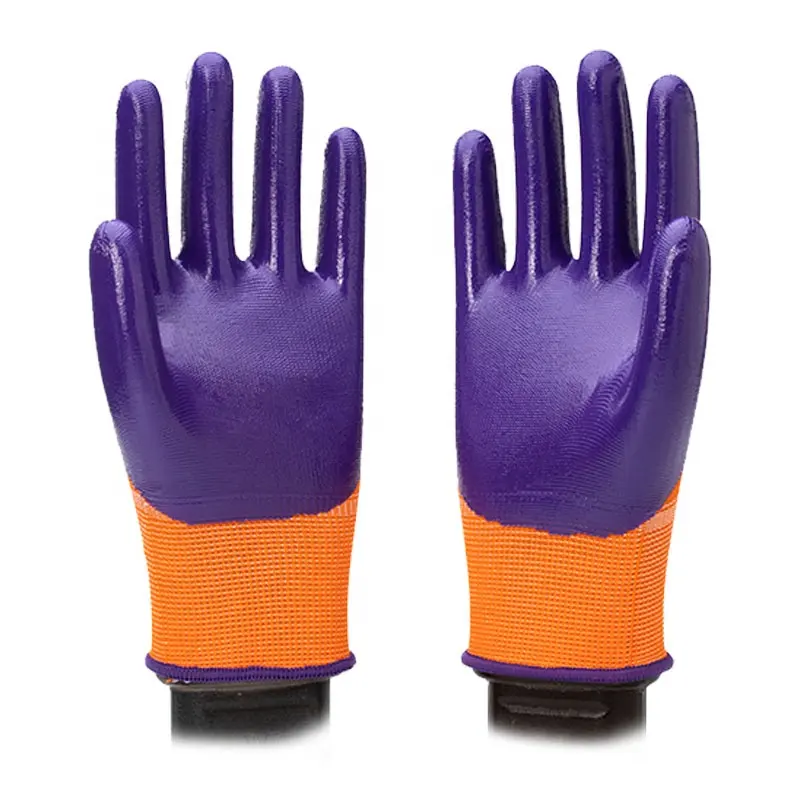 Thirteen needle orange polyester lining purple nitrile half-covered protective gloves