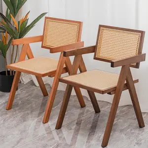 Rahat sandalye mobilya ahşap Nordic Cane dokuma hasır Rattan katı ahşap yemek sandalyesi