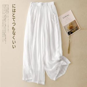 Women's Cropped Wide Leg Pants Purple Cotton Linen <b>Blend</b> Embroidered Loose Fit Casual Summer Pants - Product Image 4