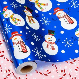 Blue Christmas Wrapping Paper Snowman Design 17 Inch X 33 Feet Reversible Gift <b>Wrap</b> Craft Paper Recyclable - Product Image 1