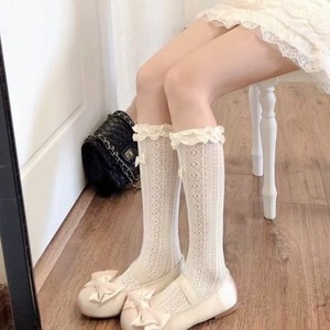 Women's Lace <b>Socks</b> Milky White Calf Length Breathable <b>Soft</b> Girl Lolita Style With Bow Trim For Spring Summer Wear - Product Image 1
