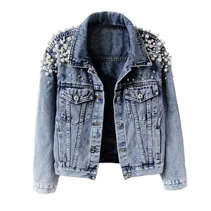 custom design women's denim jean jacket women casual outwear fall jacket studded beaded Oversize Denim Jacket For Ladies