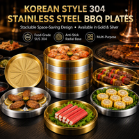 Piring Sajian BBQ Korea dari Baja Tahan Karat HL 304, Nampan Sajian Bulat, Piring Saus Hot Pot, Piring Persiapan yang Dapat Ditumpuk, Set Makan Emas Perak