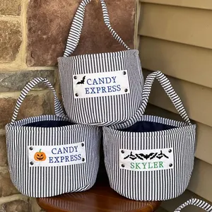 Trick or Treat Kids Tote Candy Bags Basket Blank Seersucker Stripe Cubo de Halloween en blanco