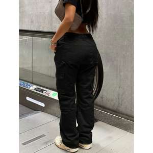 USA Free Shipping Ladies High Street Baggy Straight Leg <b>Cargo</b> Pants Multi-Pocket Denim Fabric High Waist Style Ladies' Casual - Product Image 3