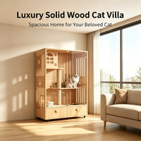 Villa pour chat en bois massif à trois niveaux avec porte en verre trempé, tiroir pour bac à litière extractible, griffoir en sisal, roulettes en acier verrouillables