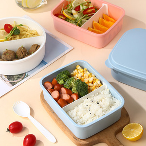 Lonchera rectangular de plástico con múltiples compartimentos y tapa para estudiantes y trabajadores de oficina, apta para microondas, en azul, rosa y blanco. - Product Image 3