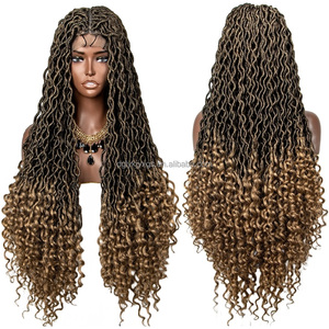 Pelucas de Encaje Sintético WB11 de 34 Pulgadas de <span class=keywords><strong>Largo</strong></span>, Pelucas con Frente de Encaje de 9x6 Pulgadas con Cabello de Bebé, Trenzas de Estilo Gitano en Degradado Marrón para Mujeres - Product Image 1