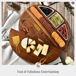 Planche à charcuterie ronde pivotante en bois d'acacia avec ensemble de couteaux, <span class=keywords><strong>plateau</strong></span> de service amélioré pour fromages et charcuteries - Product Image 4