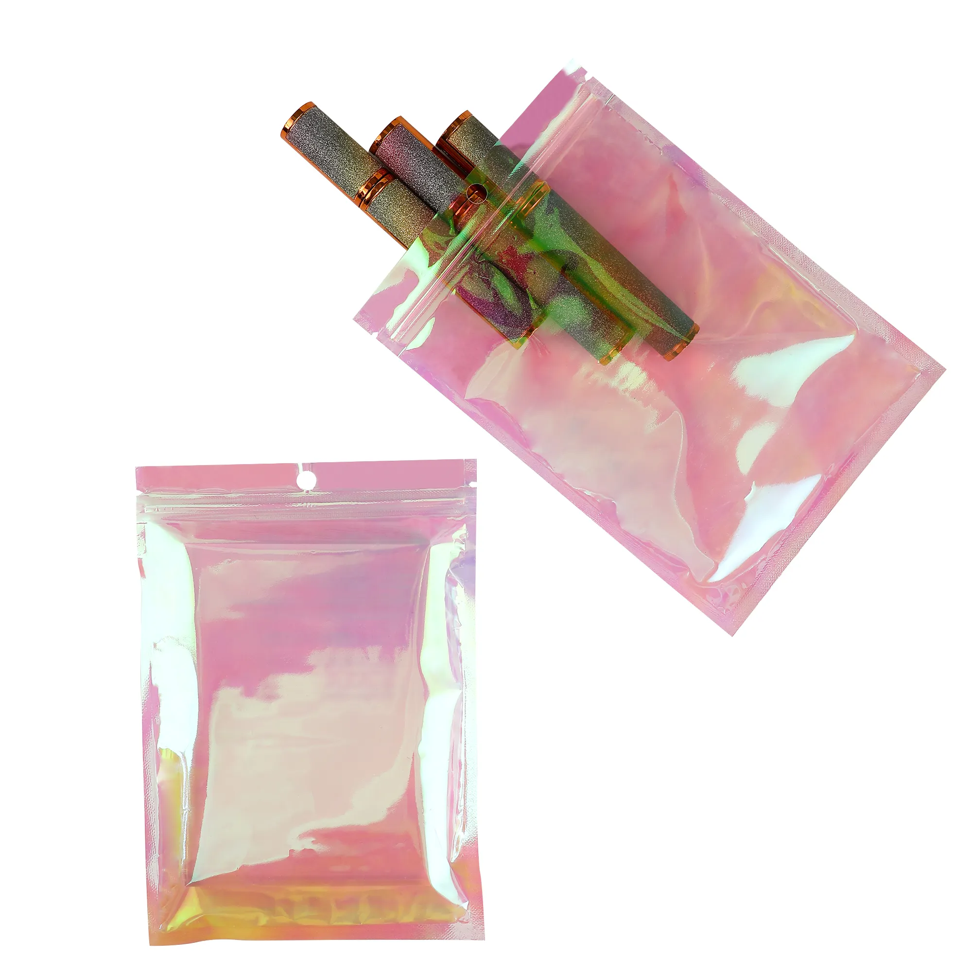 Custom Logo Gedrukt Hersluitbare Holografische Roze Ziplock Mylar Zakje Platte Rits Plastic Verpakking Tassen Voor Sieraden Cosmetica