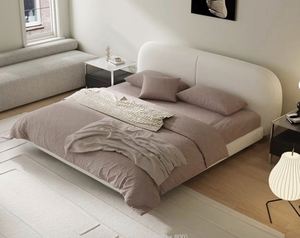 The Large White Fabric <b>Bed</b>, Light French Cream-colored Wabi-sabi Style Retro <b>Double</b> Upgraded Solid Wood Fabric <b>Bed</b> - Product Image 4