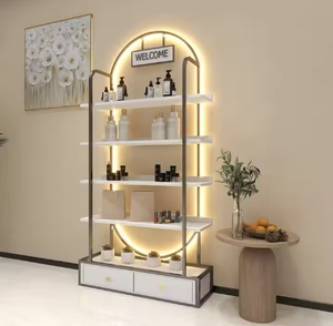 Muestra gratis salón de belleza tienda <span class=keywords><strong>barber</strong></span>ía gabinete de almacenamiento de hierro estante de exhibición de suelo de madera con LED - Product Image 5