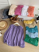 Chemisier en lin et coton personnalisé avec logo, protection solaire, manches lanternes, décontracté, ample, pour femme, vente en gros