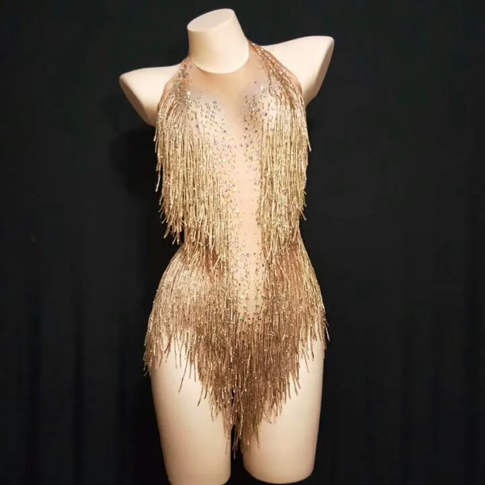 Sparkly altın püskül Bodysuit kadın taklidi kıyafet Glisten boncuk kostüm tek parça dans giyim şarkıcı sahne Leotard Headdress