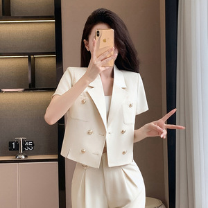Women's Suit Set Solid Color Short Sleeve Blazer With Pants Anti-Wrinkle Polyester Casual Wear For Spring Summer - Product Image 2