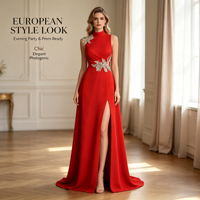 Robe de soirée longue en satin tissé pour femme, coupe empire, ligne A, sans manches, avec appliques dorées, fente haute, drapée, pour soirée formelle et bal de promo