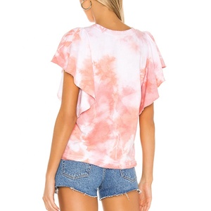 Wholesale tie dye t shirts girls ruffle sleeves women cotton t-shirt - Product Image 3