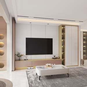 Meuble TV en bois avec panneau LED de style moderne avec rangement mural pour appartement salon maison hôtel décoration - Product Image 3