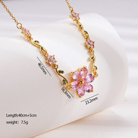 Kalung Liontin Zirkon Bunga Sakura Wanita Pink Flower Vine Rantai Trendy Berlapis Emas Hadiah