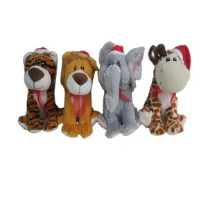 24cm promosyon özelleştirilmiş peluş yılbaşı oturan kaplan/aslan/zürafa/fil hayvan oyuncak ile kırmızı şapka ipek papyon