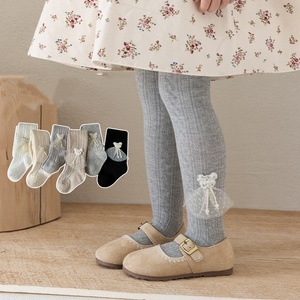 Leggings pour filles printemps-automne en gros avec nœud en dentelle sur un côté, couleur unie, en coton - Product Image 4