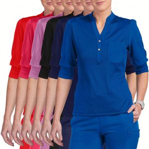 Haut de blouse médicale pour femme en tissu extensible, col côtelé, 3 poches, manches mi-ballon, qualité supérieure, vente en gros - Product Image 1