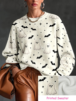 Suéter de cuello redondo para mujer, diseño de Halloween, tejido por computadora, estampado por transferencia térmica, personalizado para uso diario informal o festivo
