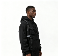 Sweat à capuche tactique multi-poches personnalisé imprimé Kornit, 100 % coton épais, écologique, respirant, avec sangle utilitaire, style streetwear