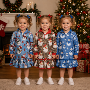 Tenues de Noël pour bébés filles en coton biologique à manches longues avec imprimé bonhomme de neige et Père Noël, vêtements assortis pour sœurs, vente en gros - Product Image 1