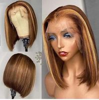 Perruque Lace Front Bob avec closure en dentelle, mélange de couleurs pour femmes noires, sans colle, couleur piano, cheveux humains, mèches blond miel longues