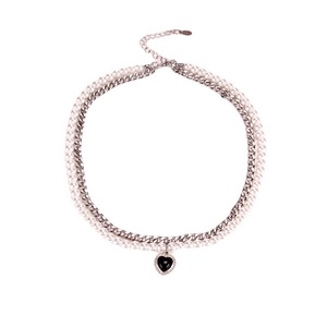 <b>Titanium</b> Steel Pearl Choker Necklace With Black Heart Pendant Multi Layered Clavicle <b>Chain</b> For Party Fashion Jewelry - Product Image 5