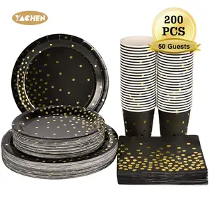 Yachen wholesale child birthday party tableware heavy duty 9 inch disposable black paper plates and napkins sets