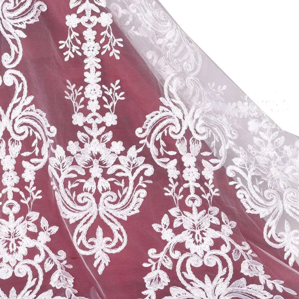 Tela de encaje de cordón de precio al por mayor personalizado con lentejuelas tela de encaje de tul bordado blanco nupcial para boda