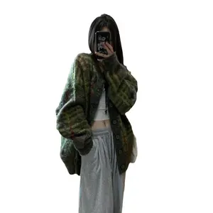 Automne nouveau femmes américain rétro pull ample Premium Mohair décontracté paresseux manteau longue longueur solide motif doux ordinateur tricoté