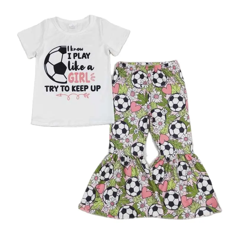 wholesale children's clothing western boutique baby girls clothes Alphabet Football White Short Sleeve Flower Love Pants Suit