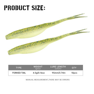 Esca Morbida in PVC per la Pesca al Bass, Confezione da 10 Pezzi, 4.5g 95mm, con Coda a Forcella, 4 Colori Opzionali, per la Pesca al Mandarino - Product Image 3