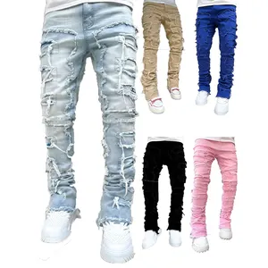 Custom New Fashion High quality ripped distressed flared stacked pants denim men jeans