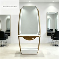 Miroir de salon sur pied avec éclairage LED et comptoir, cadre doré, poste de travail pour coiffeur, salon de beauté, barbier