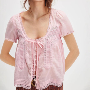 Blusa Corta con Encaje y Botones en la Parte Delantera, Estilo <span class=keywords><strong>Chic</strong></span>, para Mujer, 2026, Manga Corta Semitransparente, Cuello Redondo, Algodón, Estilo Y2K, <span class=keywords><strong>Coqueta</strong></span> - Product Image 1