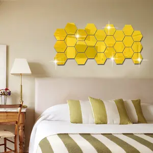 12 Stück Home Decor Art Ornamente Acryl selbst klebende Tapete 3D Sechseck Spiegel Hintergrund Wandt attoo Aufkleber Schlafzimmer