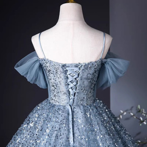 Elegant Light Blue Sequin Evening Gown With Puffy Skirt For Stage Performance Women Adult Size 12-17 - Product Image 3