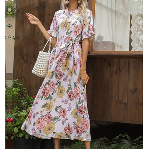 Vestido largo bohemio de verano <span class=keywords><strong>con</strong></span> manga corta y volantes, traje plisado <span class=keywords><strong>con</strong></span> flores, cinturón, color rosa y verde, para vacaciones y <span class=keywords><strong>playa</strong></span>, S-XL - Product Image 4