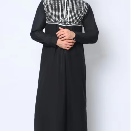 Men Hooded Thobe Keffiyeh Pattern Patchwork Long Sleeve Jubba Dishdasha ...