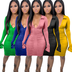 Solid Color Custom LOGO Turn Down Collar <strong>Draw</strong> Pleated Wrap Buttock Sexy Dress Skirt Mid-Skirt <strong>Clothes</strong> Women - Product Image 1