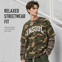 T-shirt Homme Oversize Streetwear Personnalisé OEM en Maille Gaufrée Camouflage à Manches Longues Superposées avec Imprimé Lettres Premium et Manches Intérieures à Carreaux