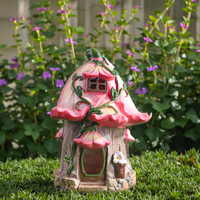 Figurine de maison champignon en résine pour paysage de jardin Décoration extérieure Ornements de maison roses avec lumières solaires