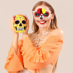 Nuova maschera messicana a mezza faccia per adulti e bambini, per il Giorno dei Morti, con fiori e occhiali per foto - Product Image 2