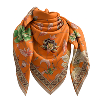 Foulard carré long en satin de soie 100% pour femme, motif floral orange vintage, collection printemps, 90x90cm, pour le cou, la tête, le hijab ou comme châle, vente en gros